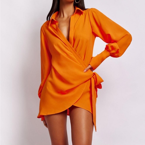 Gabby Split Sleeve Wrap Micro Mini Dress - Tangerine - MESHKI - Picture 1 of 3